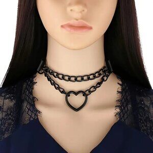Choker Heart Necklace Black Chain Collar PU Leather Punk Goth Scene Sexy Rave